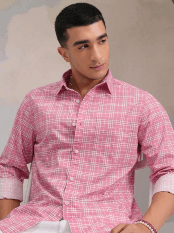 Classic Pink Slim Fit Tartan Checked Spread Collar Cotton Casual Shirt